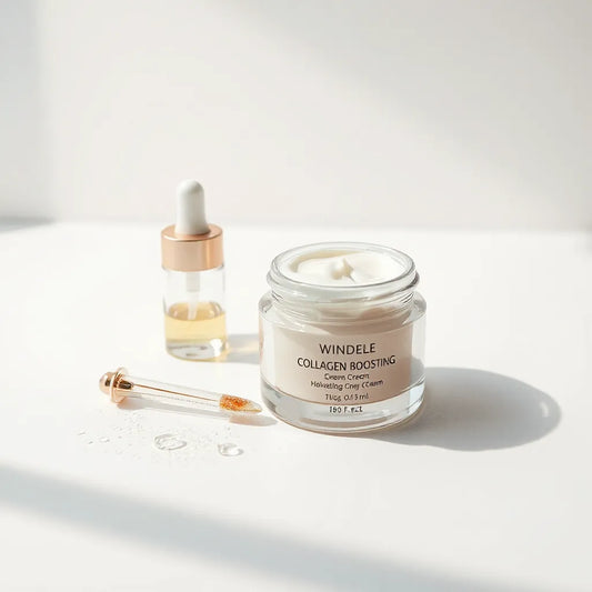Collagen-boosting cream jar with spatula and skincare bottles on a clean, bright background