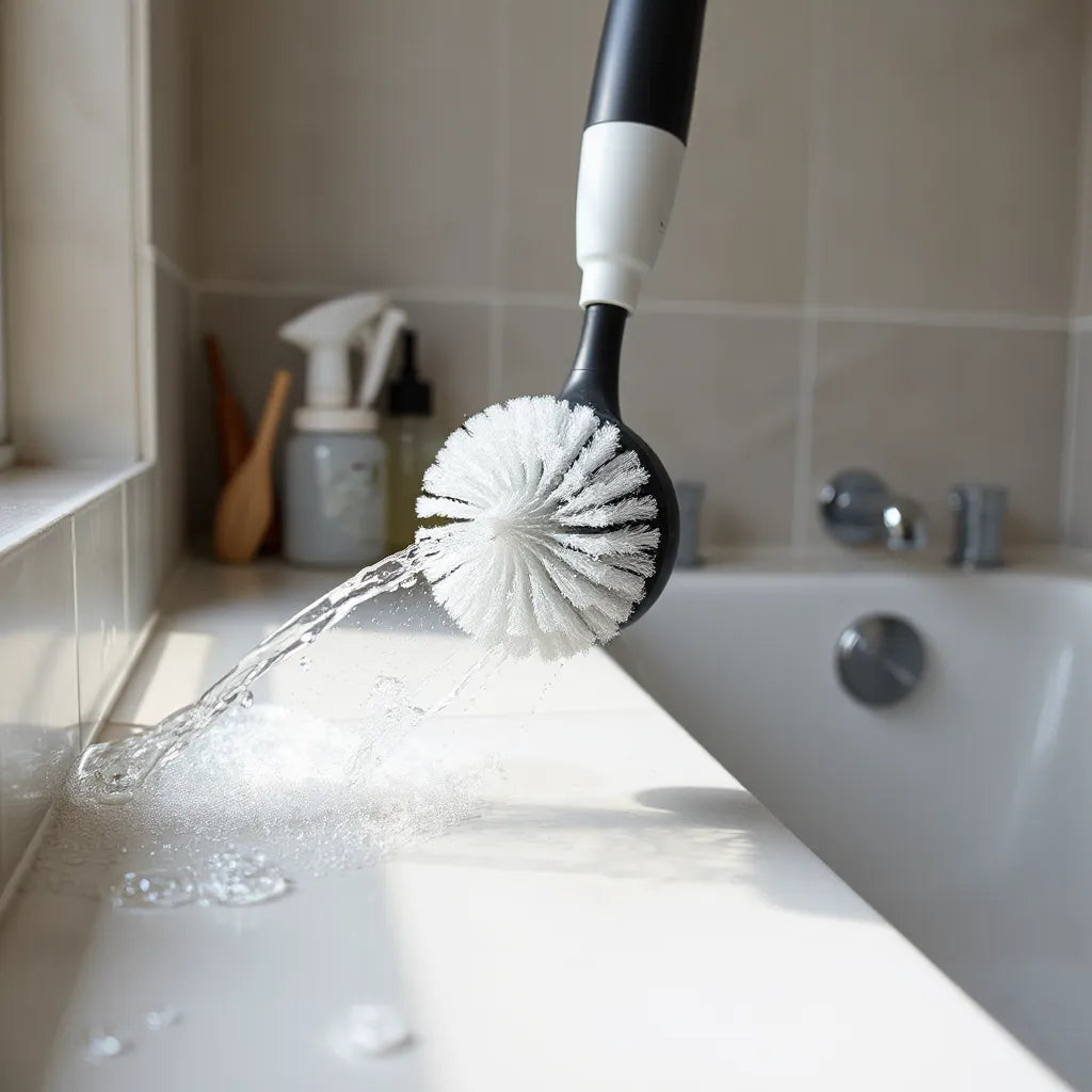 Modern electric spin scrubber cleaning bathroom tiles and grout with a rotating brush head
