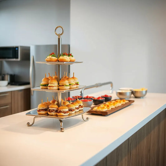 Multi-tier serving stand with neatly arranged bite-size appetizers on a clean countertop