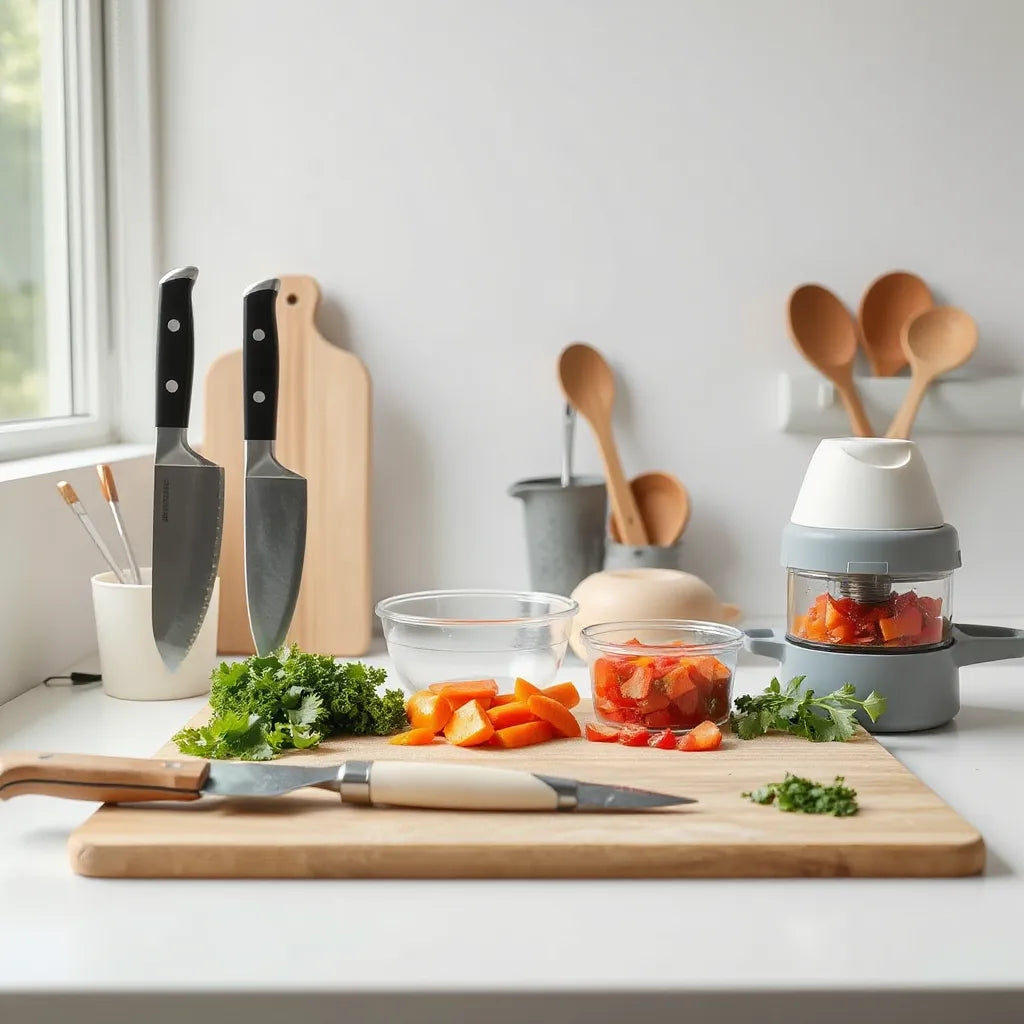 Set of efficient cooking tools on a clean kitchen counter with fresh chopped vegetables