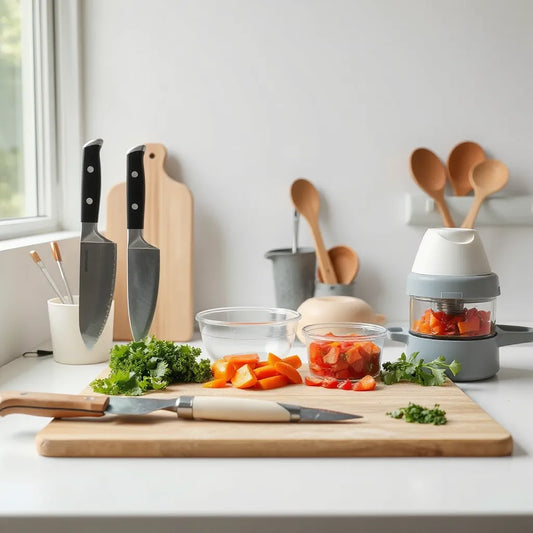 Set of efficient cooking tools on a clean kitchen counter with fresh chopped vegetables