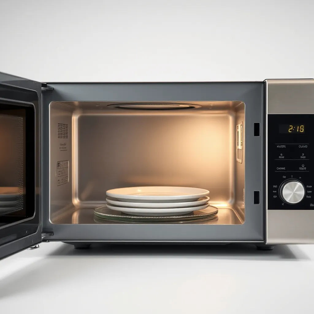 Countertop microwave with microwave-safe dishes arranged inside to show improved usable space