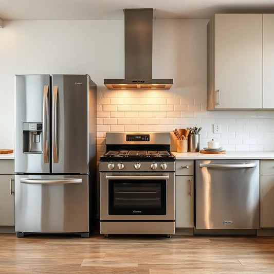 Stainless steel refrigerator, oven, and dishwasher in a clean modern kitchen