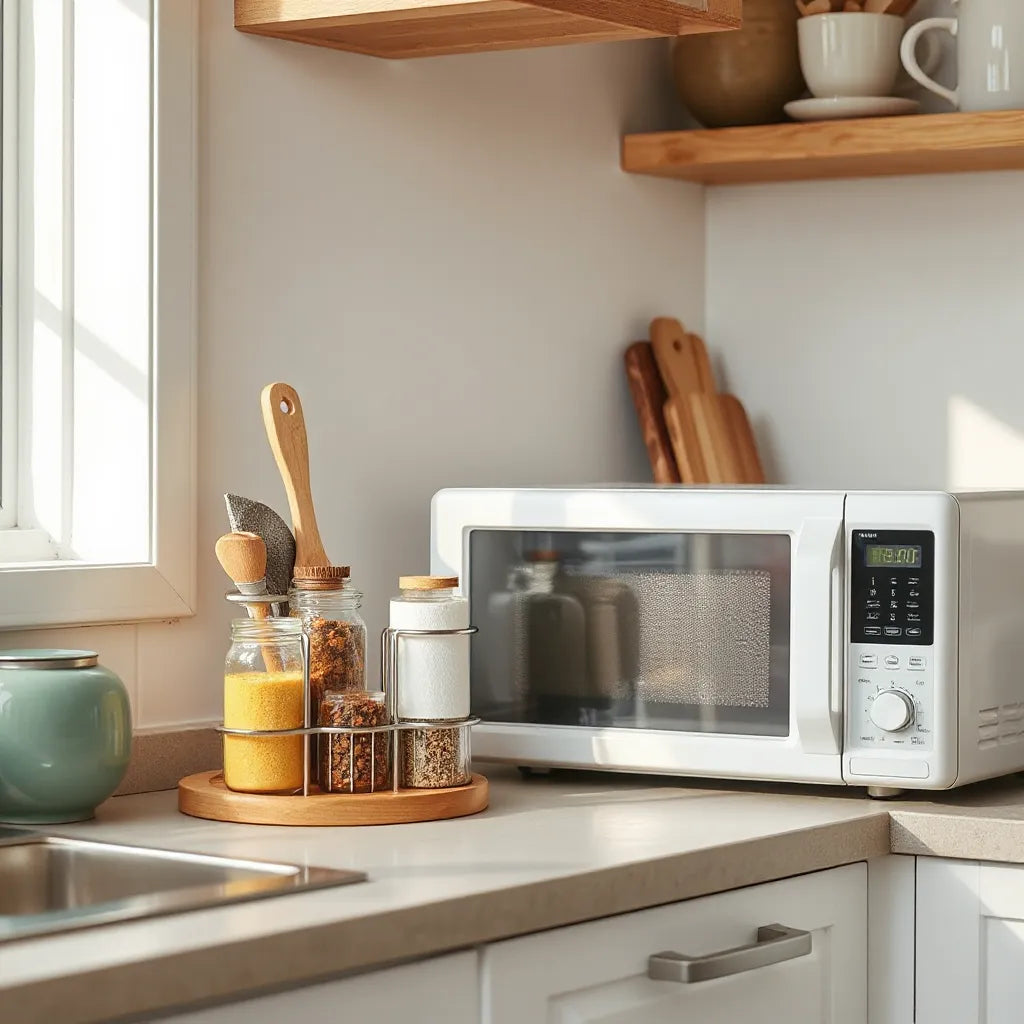 Compact microwave organizer holding small kitchen items on a neat countertop beside a microwave