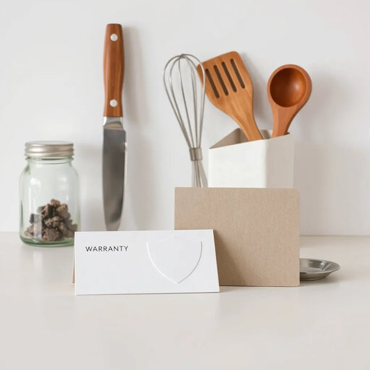 Stainless kitchen tools on a counter next to a blank warranty booklet and a shield-style card