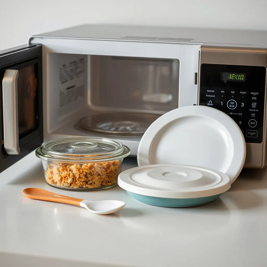 Microwave-safe glass and ceramic containers with heat-resistant utensils on a kitchen counter