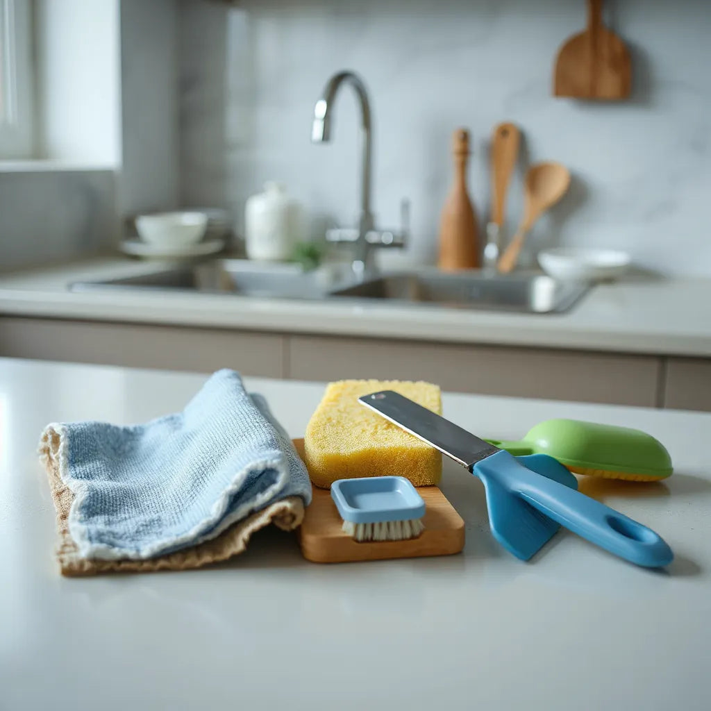 Assorted quick-clean kitchen tools arranged neatly on a bright countertop near a clean sink