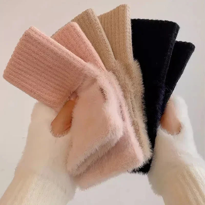 Women’s Soft Winter Fingerless Knit Gloves – Plush Warm Wrist Mittens