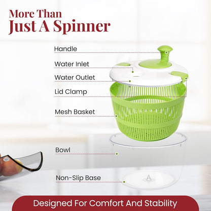 DoubleWave 5L Salad Spinner | Lettuce Spinner with Double Drainage Holes | Easy Fruit Spinner And Strainer for Washing, Spinning & Draining Fruits & Vegetables | BPA-Free & Easy to Clean